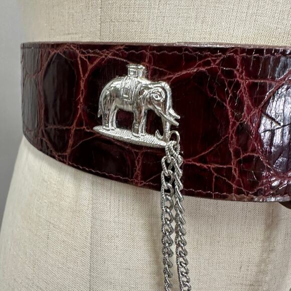 Catherine Carson burgundy leather strap belt silver elephant & drop chain‎ small - Picture 9 of 16